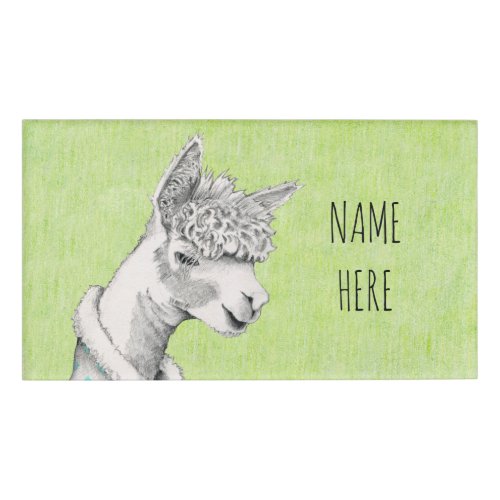 Alpaca on Green Rectangle Name Tag