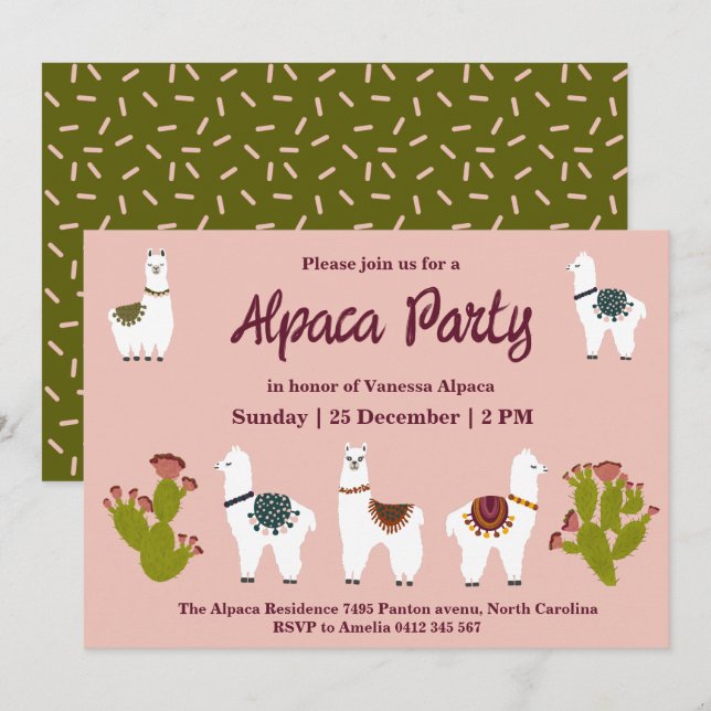 Alpaca Party Cactus Pink Birthday  Invitation (Front/Back)