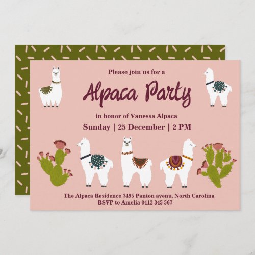 Alpaca Party Cactus Pink Birthday  Invitation