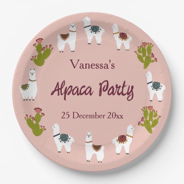 Alpaca Party Cactus Pink Birthday Paper Plates (Front)