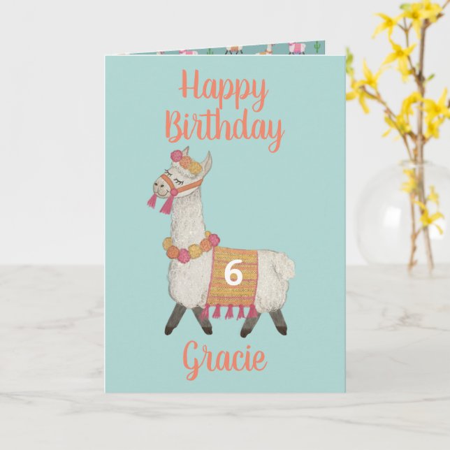Alpaca personalized Age 6 Birthday Card  (Yellow Flower)