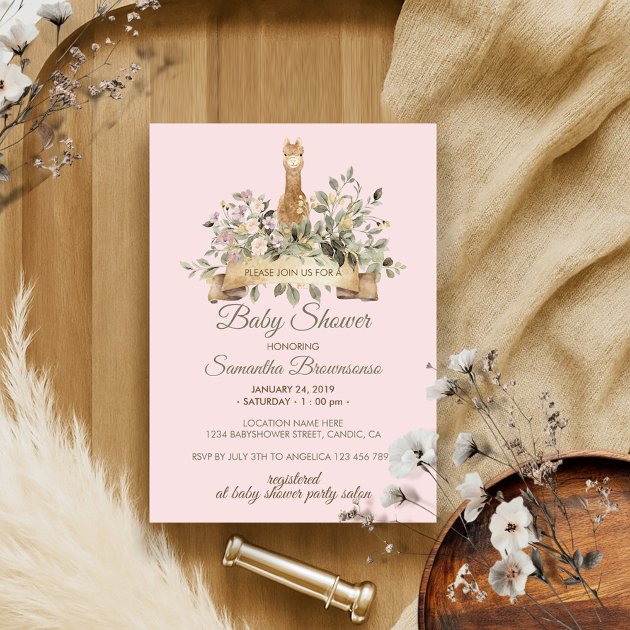 Alpaca Pink Baby Shower Invitation