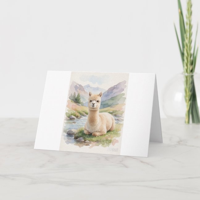 Alpaca Resting Beside The Mountain Stream Greeting Card