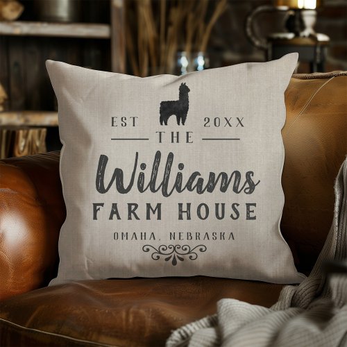 Alpaca Rustic Family Name Farm Throw Pillow