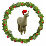 Alpaca Santa Statuette<br><div class="desc">This  Christmas ornament features a rose grey alpaca wearing a Santa hat inside a Christmas wreath</div>