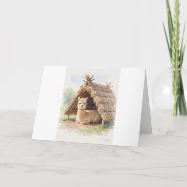 Alpaca Sleeping Under The Thatched Shelter Greetin Card