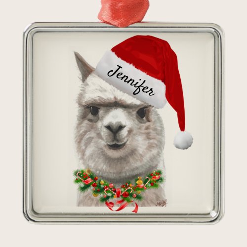 Alpaca Smiles ADD NAME Llama Christmas Tree Metal Ornament