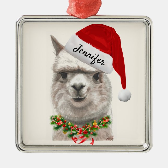 Alpaca Smiles ADD NAME Llama Christmas Tree Metal Ornament (Front)