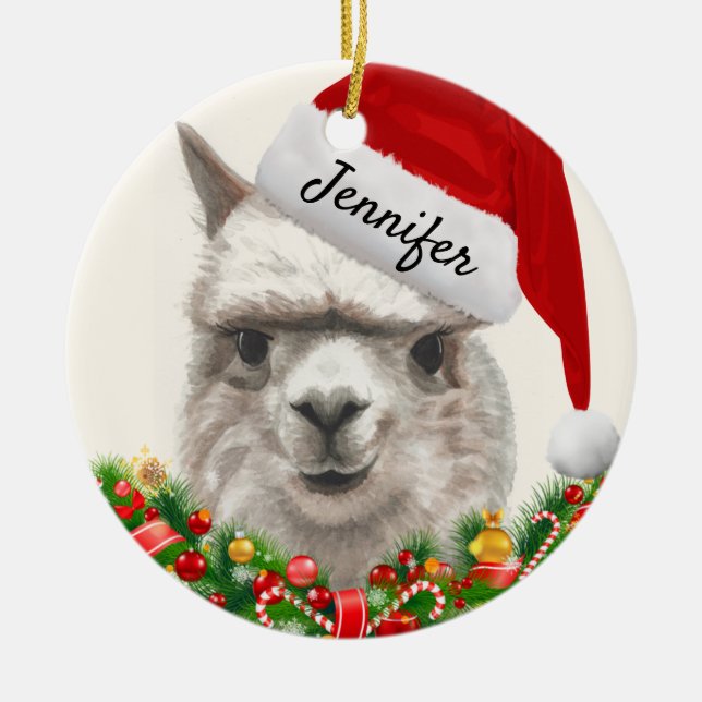 Alpaca Smiles ADD NAME & YEAR Christmas Tree Ceramic Ornament (Front)