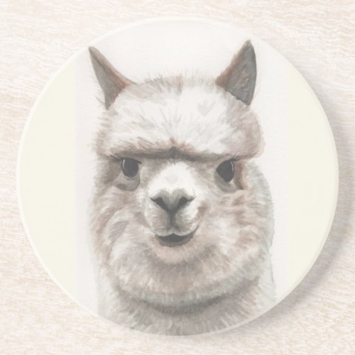 Alpaca Smiles Sandstone Natural Coaster Watercolor