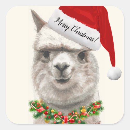 Alpaca Smiles Santa Christmas Hat Original Art Square Sticker