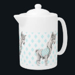 Alpaca Teapot<br><div class="desc">Whimsical drawing of an alpaca wearing boots and a vest with a turquoise diamond pattern against a pale turquoise diamond pattern background. A lovely illustration for animal lovers and those who love a warm,  fuzzy feeling!
Copyright © Mariana Musa for Floating Lemons. All rights reserved.
http://www.floatinglemons.com
http://www.floatinglemonstreats.com</div>