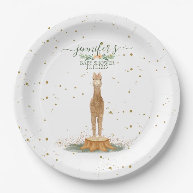 Alpaca Theme Baby Shower Kids Birthday Paper Plates (Front)