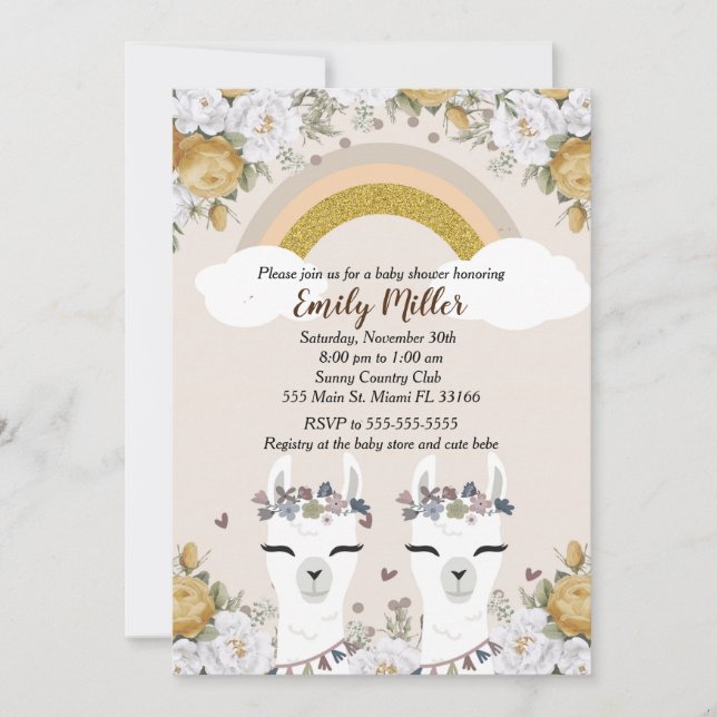 Alpaca Twins Baby Shower Invitation Gold (Front)