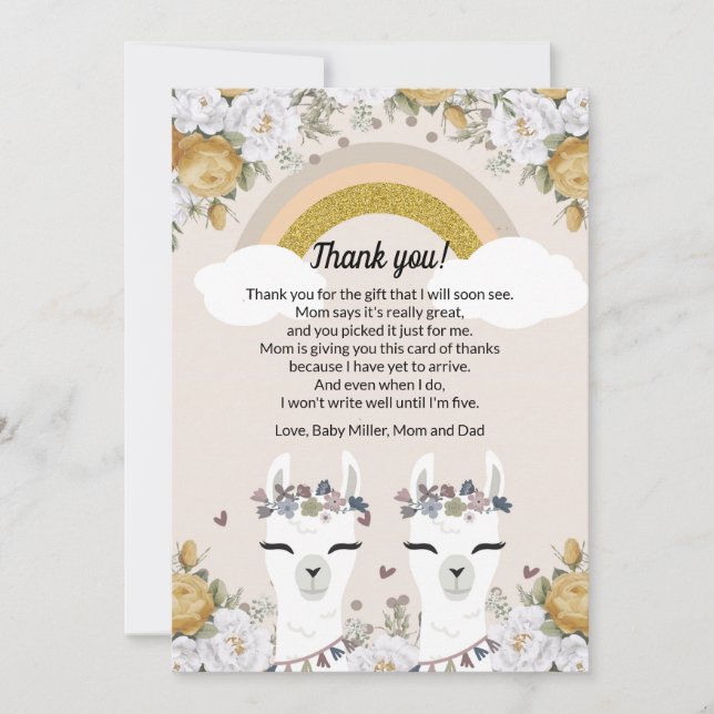 Alpaca Twins Baby Shower Thank You Card (Front)
