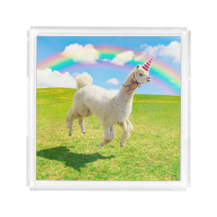 Alpaca Unicorn Under Rainbow Sky Acrylic Tray
