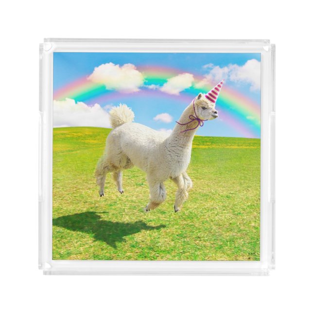 Alpaca Unicorn Under Rainbow Sky Acrylic Tray (Front)