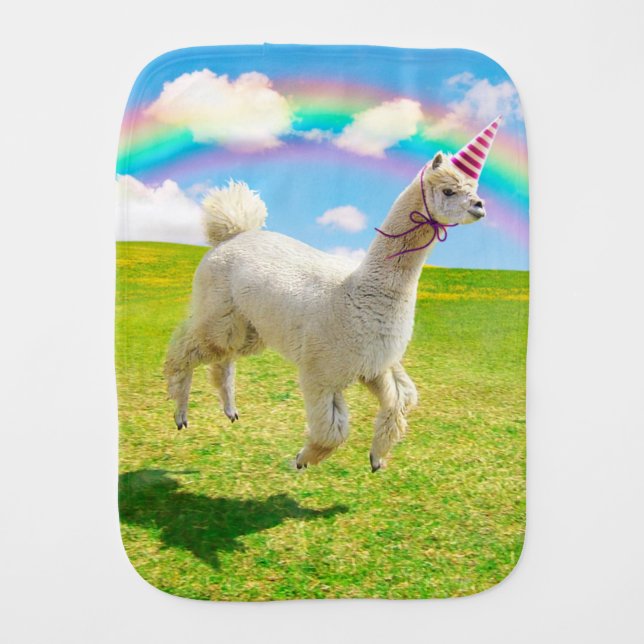 Alpaca Unicorn Under Rainbow Sky Baby Burp Cloth (Front)
