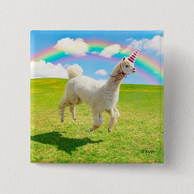 Alpaca Unicorn Under Rainbow Sky Button (Front)