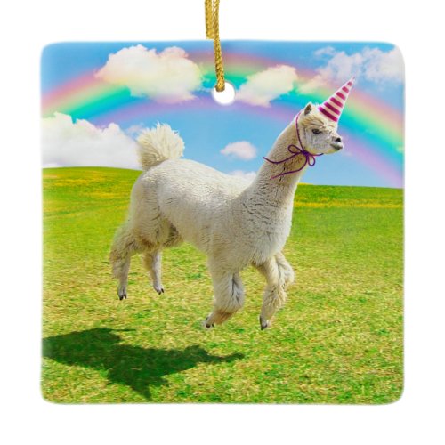 Alpaca Unicorn Under Rainbow Sky Ceramic Ornament
