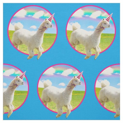Alpaca Unicorn Under Rainbow Sky Fabric