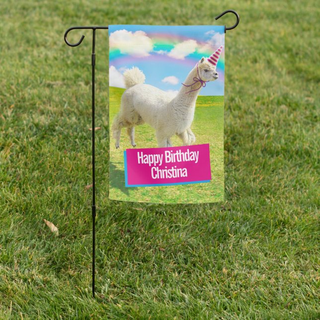 Alpaca Unicorn Under Rainbow Sky Garden Flag (In SItu)