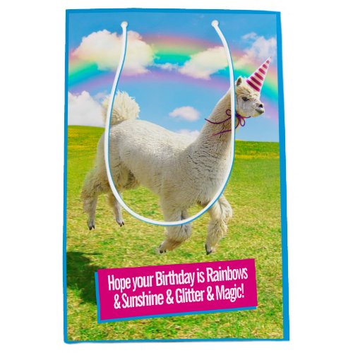 Alpaca Unicorn Under Rainbow Sky Medium Gift Bag