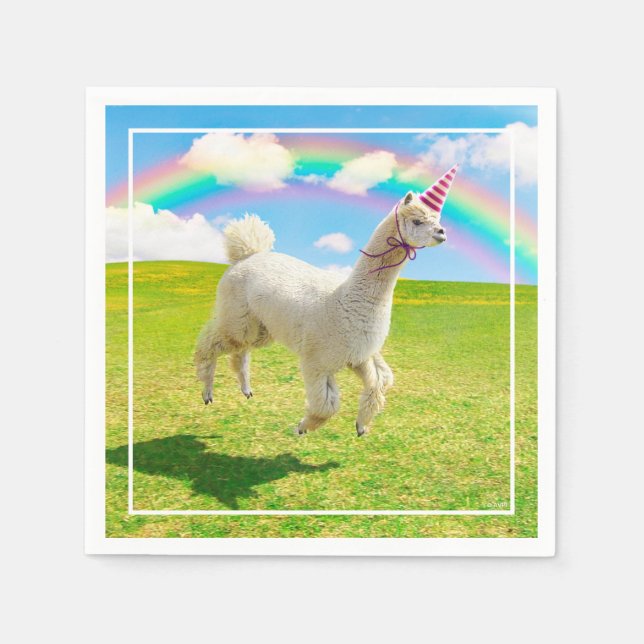 Alpaca Unicorn Under Rainbow Sky Napkins (Front)