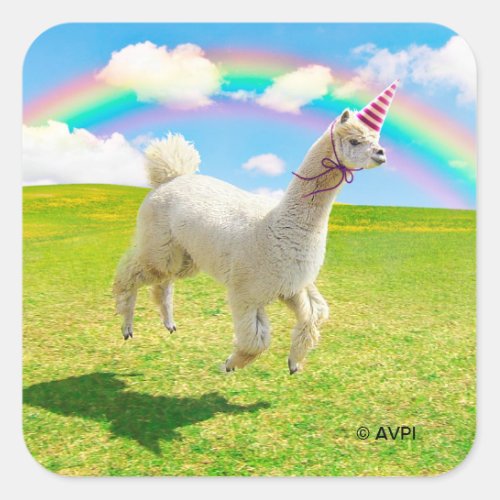 Alpaca Unicorn Under Rainbow Sky Square Sticker