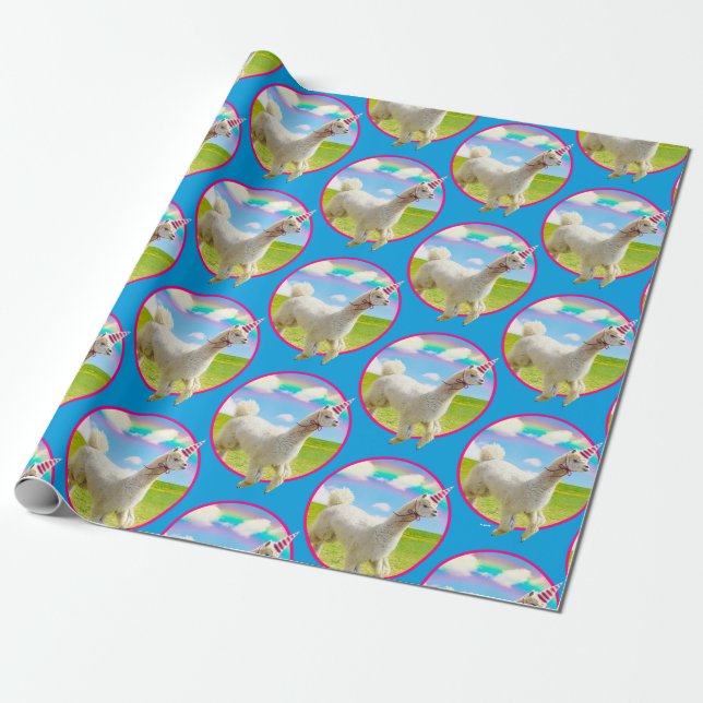Alpaca Unicorn Under Rainbow Sky Wrapping Paper (Unrolled)