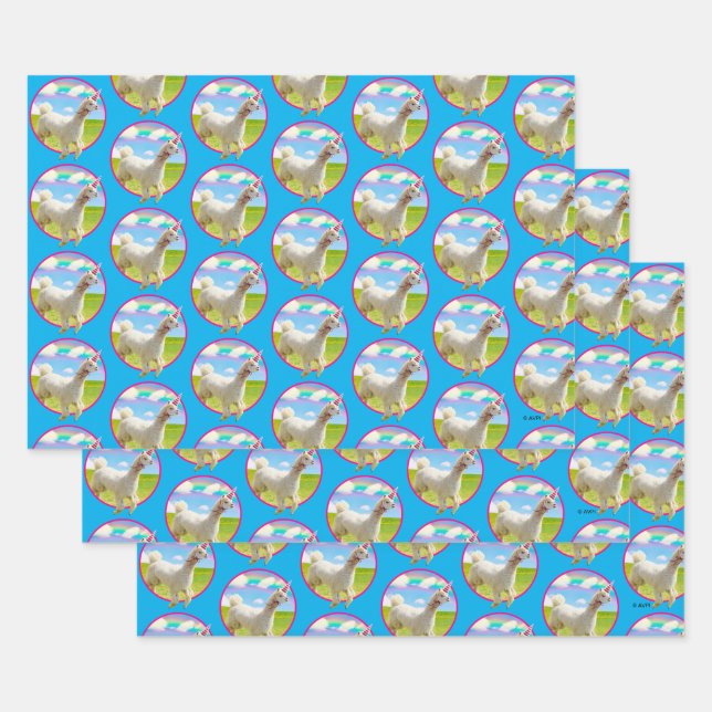 Alpaca Unicorn Under Rainbow Sky Wrapping Paper Sheets (Set)