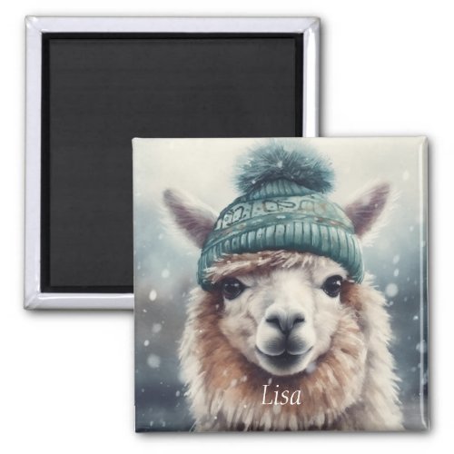 Alpaca wearing blue beanie customizable  magnet