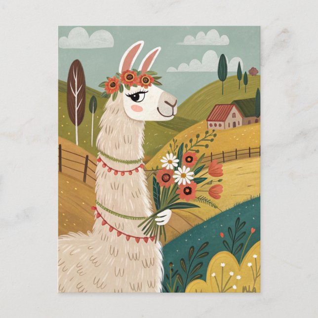 Alpaca with flowers folk art postcard (Front)