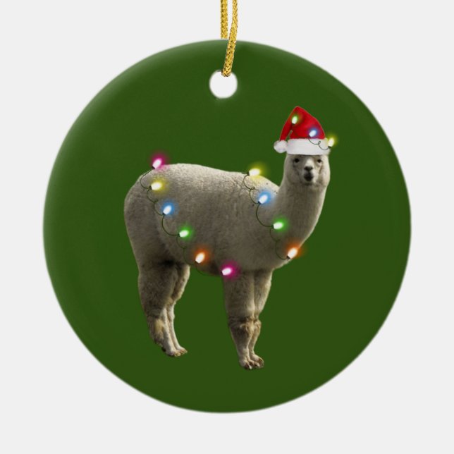 Alpaca With Hat Lights Christmas Ceramic Ornament (Front)