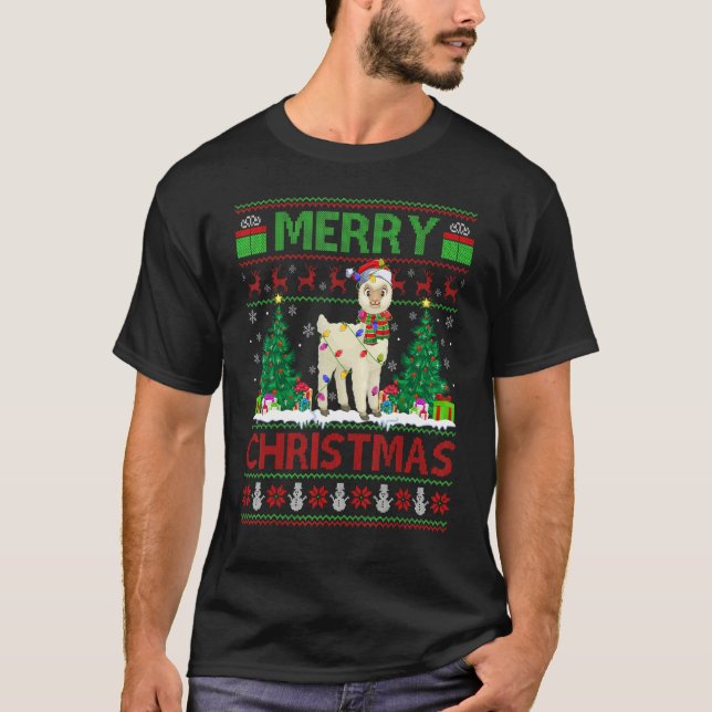 Alpaca   Xmas Tree Lights Ugly Santa Alpaca Christ T-Shirt (Front)