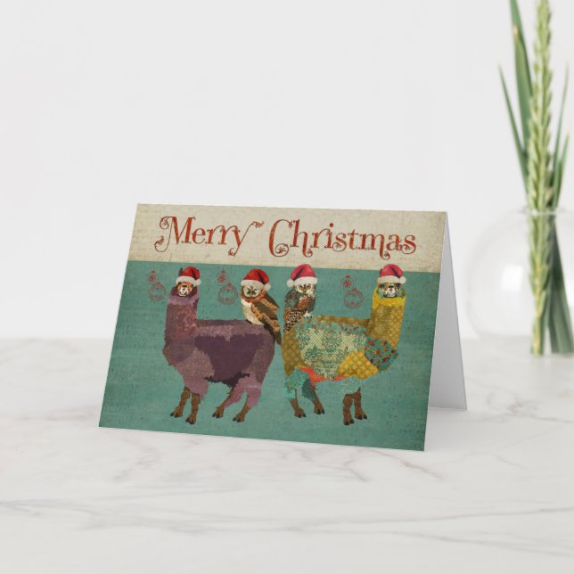 Alpacas & Owls Blue Christmas Card (Front)