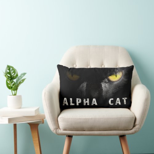 Alpha Cat  with deadly stare on black Lumbar Pillow
