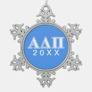 Alpha Delta Pi Dark Blue and White Letters Snowflake Pewter Christmas Ornament
