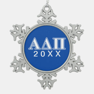 Alpha Delta Pi Light Blue and White Letters Snowflake Pewter Christmas Ornament
