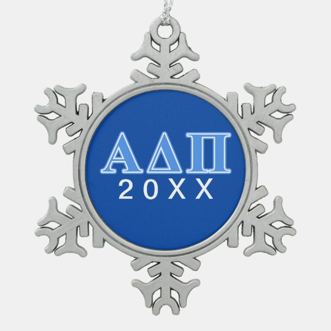 Alpha Delta Pi Light Blue Letters Snowflake Pewter Christmas Ornament (Front)