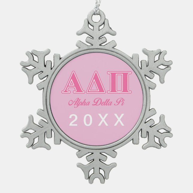 Alpha Delta Pi Pink Letters Snowflake Pewter Christmas Ornament (Front)