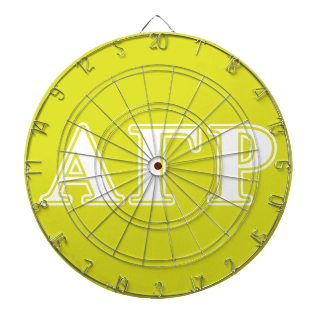 Alpha Gamma Rho White and Yellow Letters Dartboard With Darts (Front)