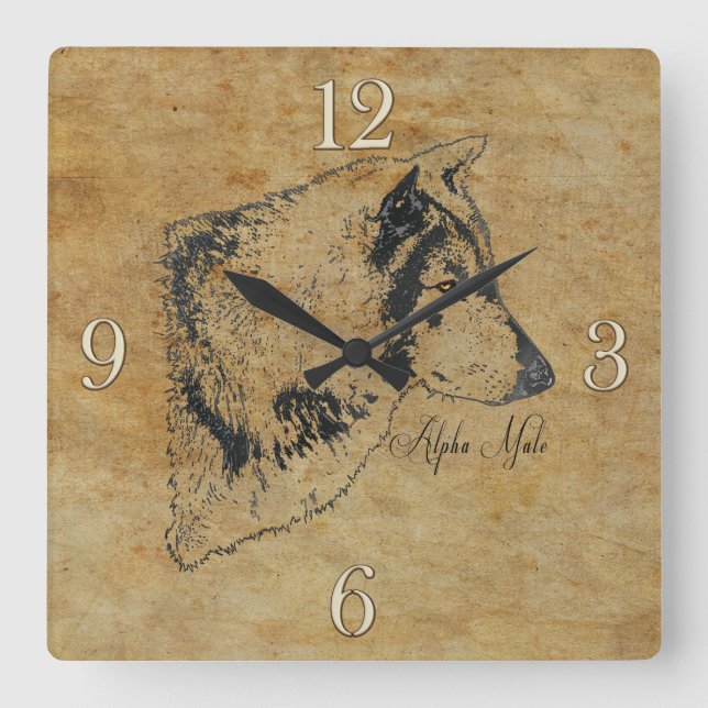 Alpha Gray Wolf Wildlife Portrait Art Square Wall Clock (Front)