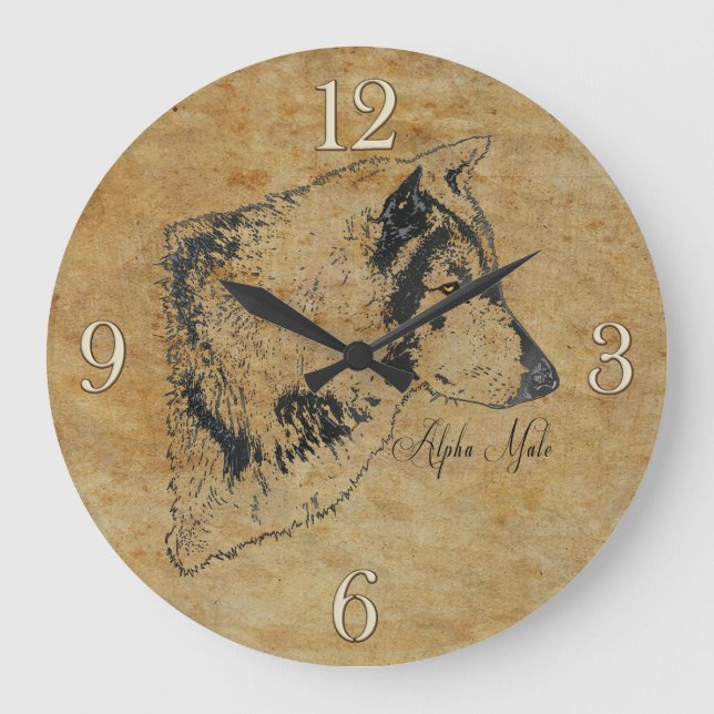 Alpha Grey Wolf Wildlife Portrait Art Large Clock (Front)