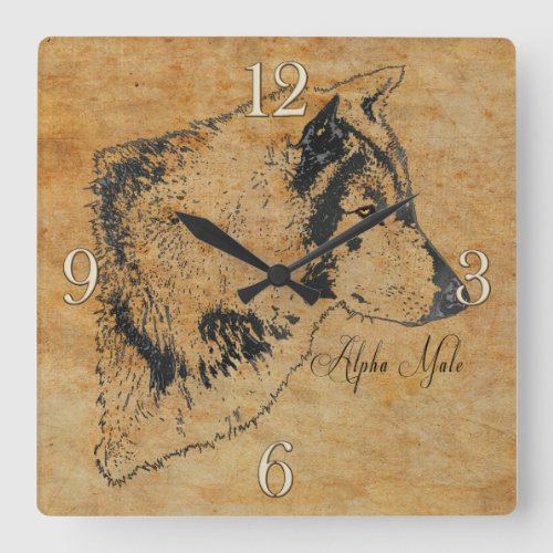 Alpha Grey Wolf Wildlife Portrait Art Square Wall Clock