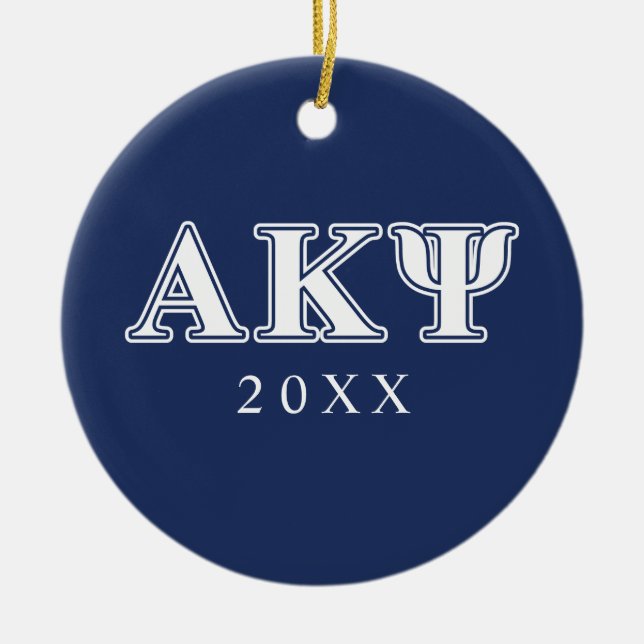 Alpha Kappa Psi White and Navy Letters Ceramic Ornament (Front)