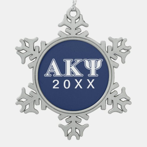 Alpha Kappa Psi White and Navy Letters Snowflake Pewter Christmas Ornament