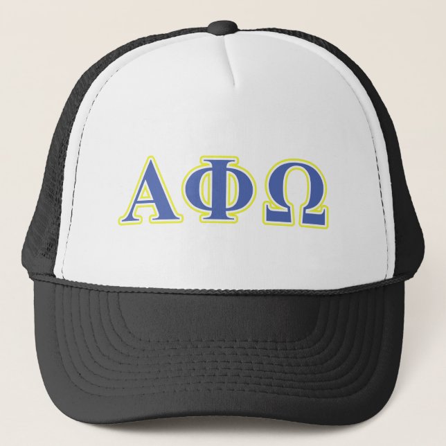 Alpha Phi Omega Yellow and Blue Letters Trucker Hat (Front)