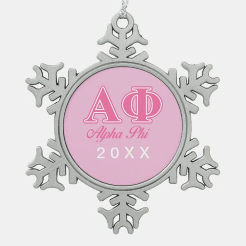 Alpha Phi Pink Letters Snowflake Pewter Christmas Ornament