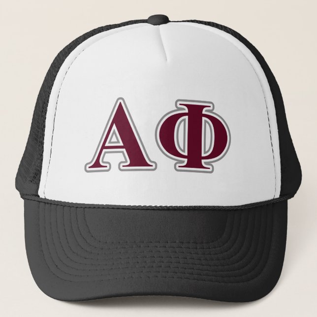Alpha Phi Silver and Bordeaux Letters Trucker Hat (Front)